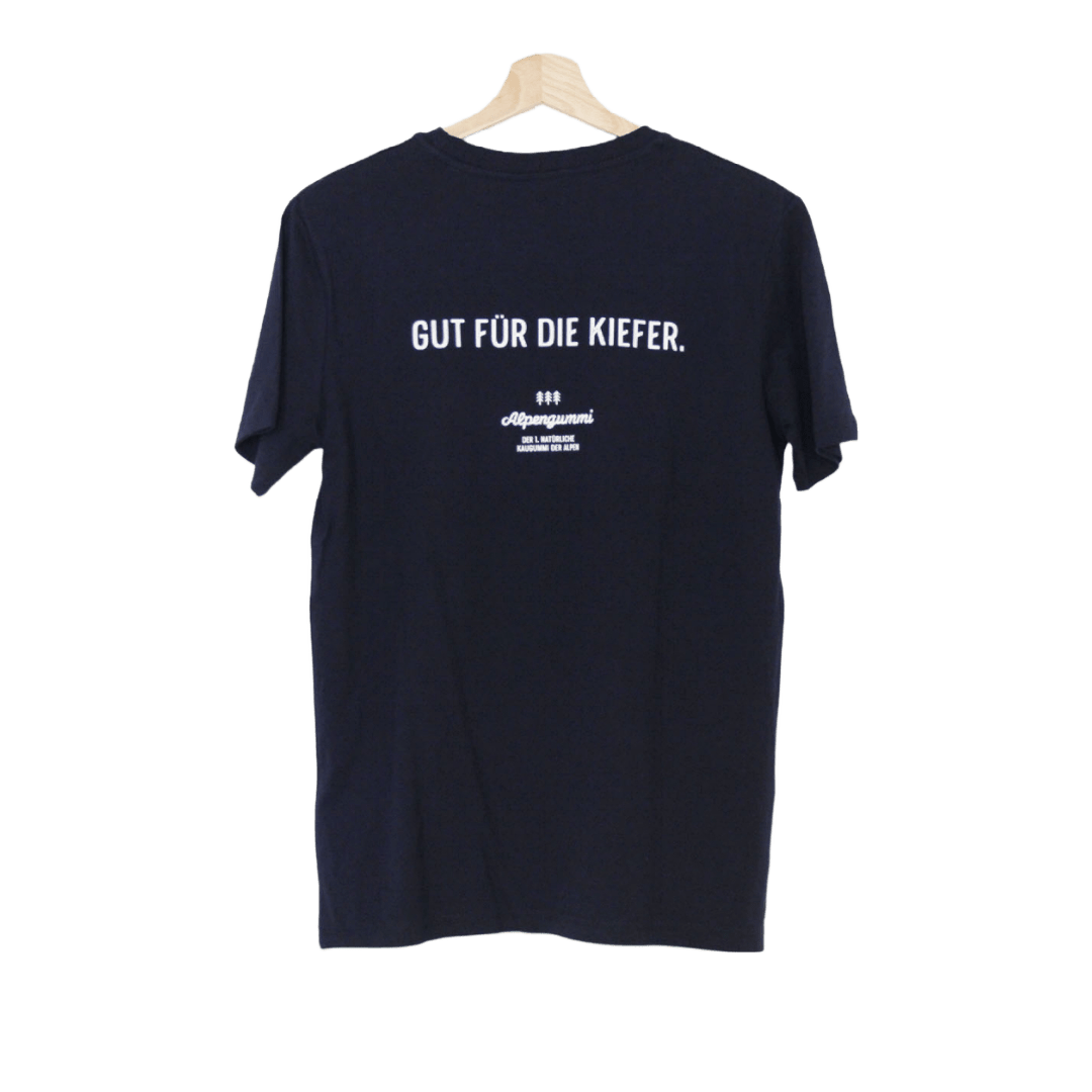 T-Shirt in blau mit Spruch "Gut für die Kiefer" auf der Rückseite