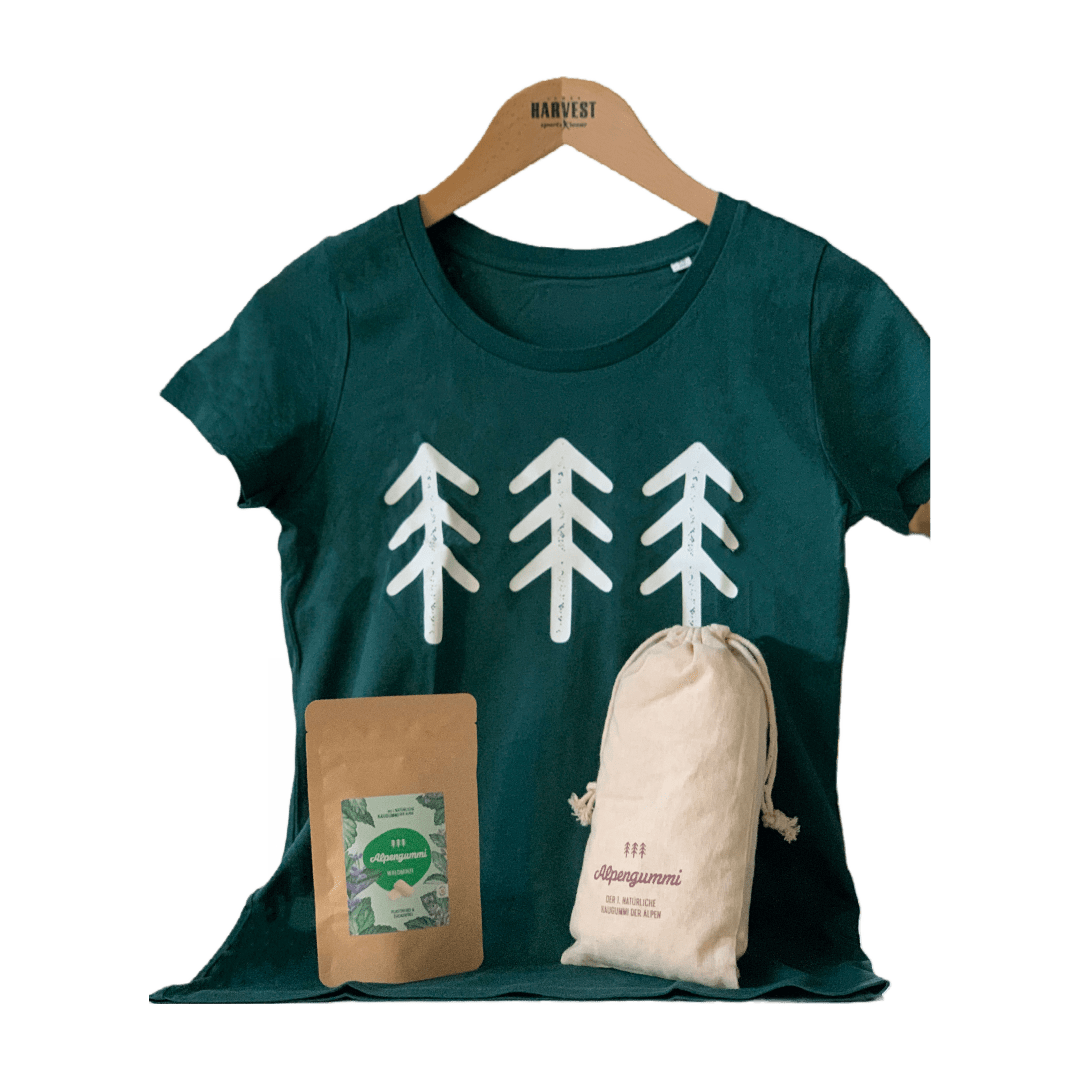 Zirbensackerl-Set mit grünem T-Shirt, Zirbensackerl und Waldminze Kaugummis